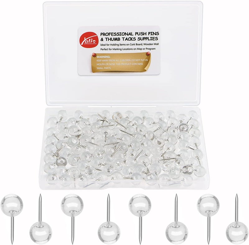Yalis Push Pins 1/3 Inch Silver Map Tacks 100-Count Large Size Pins Steel Point and Transparent Plastic Round Head (Silver) - Image 1